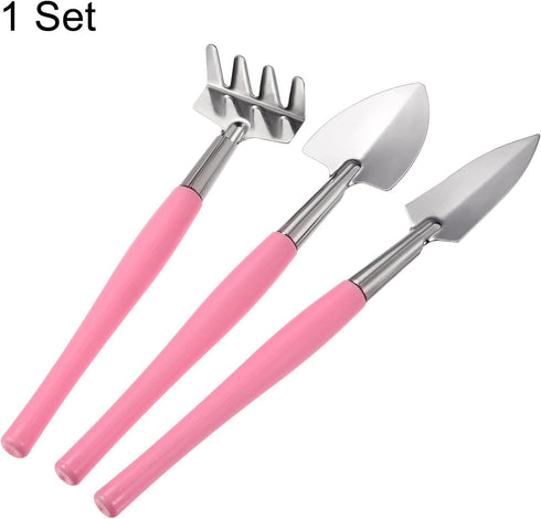 MECCANIXITY Gardening Tools 3 Pack Iron Spade Rake Transplanting Plants Care Digging Kits, Pink...