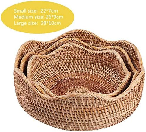 Handmade Rattan Round Fruit Basket Food Storage Bowls Kitchen Organizer Snack Serving Bowl Wavy Edge Circle Tray Basket, Boho Home Décor Display T...