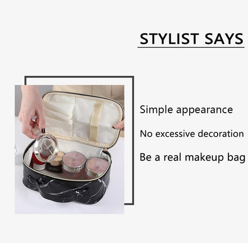 Travel Makeup Bag for Women, PU Leather Waterproof Checkered Cosmetic Bags, Portable Pouch Open Toiletry Bag, Make up Organizer with Handle, Black...