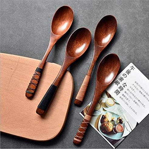 4pc-Handmade Japanese Style Wooden Soup Spoons with Tied Line on Handle...