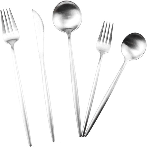 Silver Flatware, Royal 5 Piece Luxury Matte Finish 18/10 Stainless Steel Tableware Sets for 1 Including Forks Spoons Knives, Camping Silverware Tr...