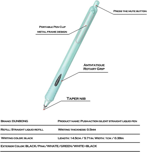 DUNBONG 0.5mm Retractable Straight liquid neutral pens, Push action silent gel pen, Black ink, Box of 5 Pens (5)...