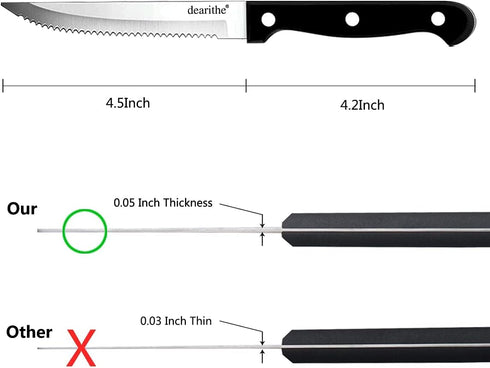 Steak Knives Set of 6, Black Full-Tang Triple Rivet Serrated Stainless Steel Sharp Blade Flatware Steak Knife Set, 4.5 Inches, For Restaurant Kitc...