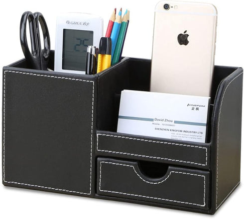 KINGFOM Desk Organizer Office Supplies Caddy Pu Leather Multi-function Storage Box Pen/Pencil,Cell phone, Business Name Cards Remote Control Holde...