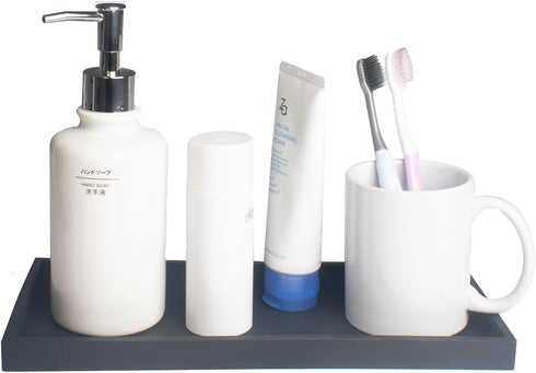 DNC Bathroom Counter Tray, 11.8" Silicone Vanity Tray, Kitchen Sink Soap Tray for Dish Holder Dispenser Countertop Toilet Tank Desk Organizer Blac...