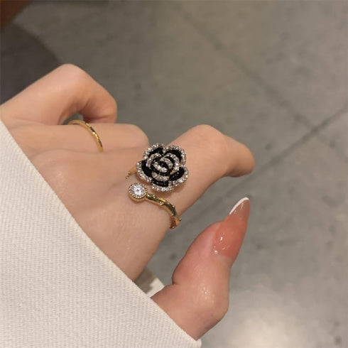 Vivid Black Rose Flower Open Statement Rings for Women CZ Crystal Blooming Wrap Finger Band Engagement Wedding Stacking Ring...