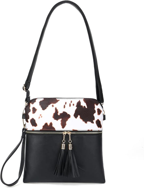 Sunwel Fashion Cow Print Wristlet Tassel Purse-Zipper Pockets Crossbody Bag Shoulder Handbag for Women...
