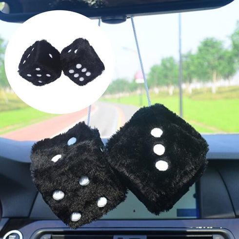 Retro Dots Fuzzy Dice Car Mirror Hanging with Suction, Cubic Square Plush Dice Auto Rearview Mirror Dice for Car Ornament Decoration (Black, 1 Pai...