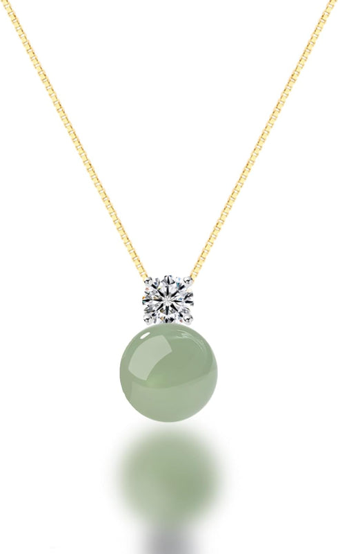 Jade Bead with Diamond Pendant Good Fortune Natural Jade Ball Necklace Gold Plated 925 Sterling Silver Necklace mothers day gifts for Women...