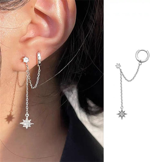 Star 925 Sterling Silver Double Piercing Earrings Huggie Cuff Chain for Women Teen Girls 2 Holes CZ Charm Dangle Drop Small Hoop Earrings Cartilag...