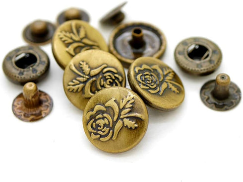 CRAFTMEMORE Rose Snap Fasteners S-Spring Socket Popper Snaps Buttons Antique Brass Flower Closure for Jacket Jeans Leather Craft 10 Pack TL02 (11/...