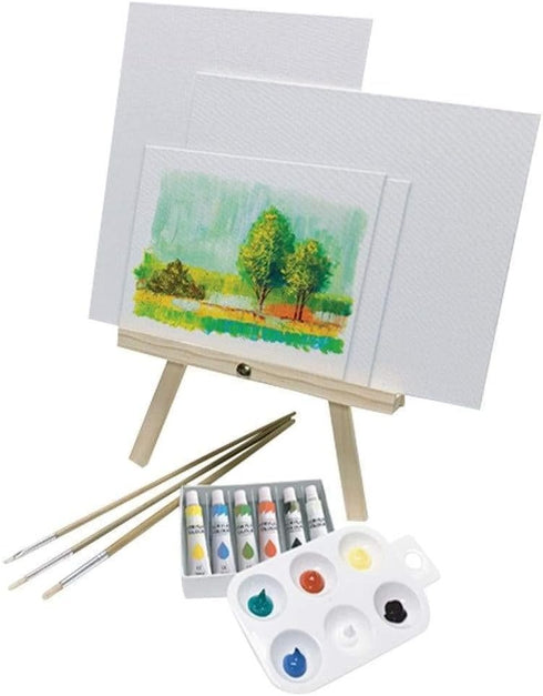 KINGART Artist Painting Set with 6 Vivid Acrylic Paint Colors, 12" Easel, 4 Canvas Panels, 3 Brushes, Painting Palette - School, Students, Beginne...