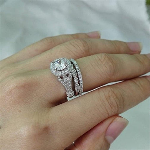 Fashion Ring Set Three-in-One Round Wedding Bands Set Engagement Rings 925 Silver Ring Cubic Zirconia CZ Promise Eternity Band for Women Size 6-10...