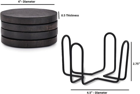 Acacia Wood Black Coaster Set of 4 with Iron Holder Coffee Table Décor Tabletop Protection Décor (Coaster Size - 4" x 4" x 0.5", Holder Sze - 4.5"...