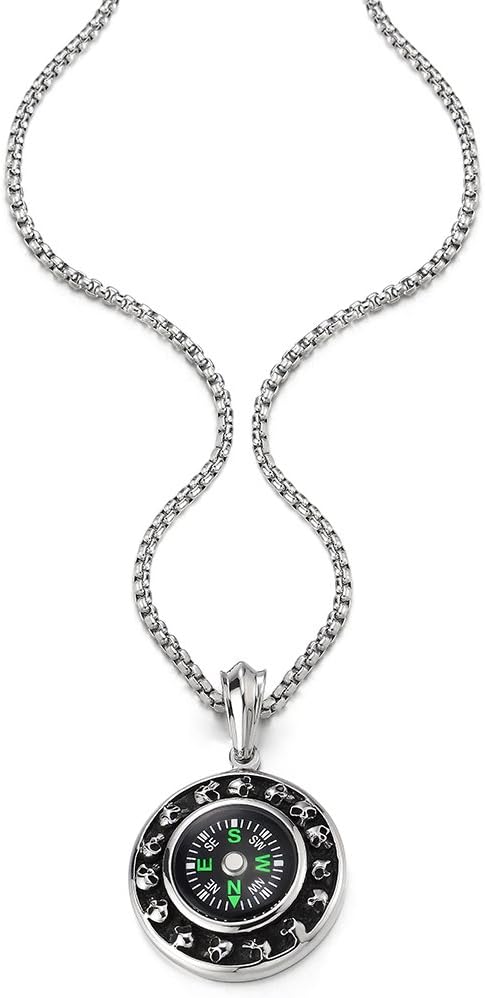 COOLSTEELANDBEYOND Silver Black Circle Skull Compass Pendant Mens Necklace Stainless Steel, 30 inches Wheat Chain...