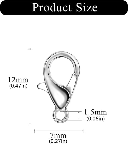 200 Pieces 12x6mm Rhodium Lobster Clasp Set Lobster Claw Clasps for Jewelry Making and Bracelets for DIY Craft Earring Necklace Bracelet Pendant C...