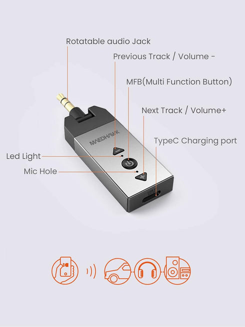 MaedHawk Bluetooth Aux Adapter for Car, Aux to Bluetooth 5.2 Audio Receiver for Car Home Stereo Speaker Headphone, Rotatable 3.5mm Wireless Aux Bl...