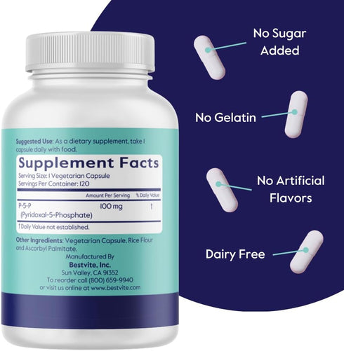 BESTVITE P-5-P 100mg (240 Vegetarian Capsules) (120 x 2) (CoEnzymated Form of B-6) - No Stearates - Vegan - Non GMO - Gluten Free...