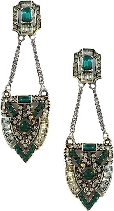 Extra Long Art Deco Antique Retro Vintage Style Flapper Green Emerald Rhinestone Wedding Bridal Prom Dangle Earrings...