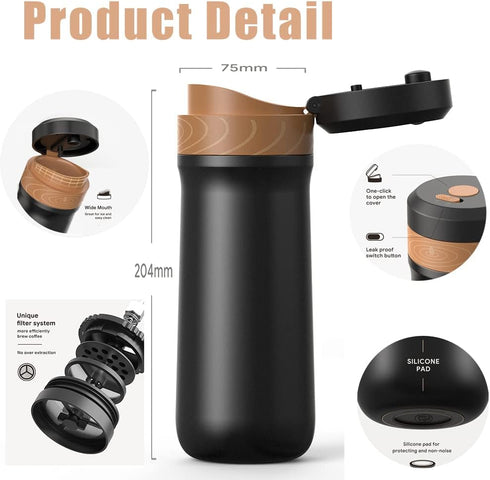 Classic Portable French Press Coffee Mug 12 oz with Carry Loop, Stainless Steel French Press Coffee Maker, BPA Free Great for Camping and Travel...