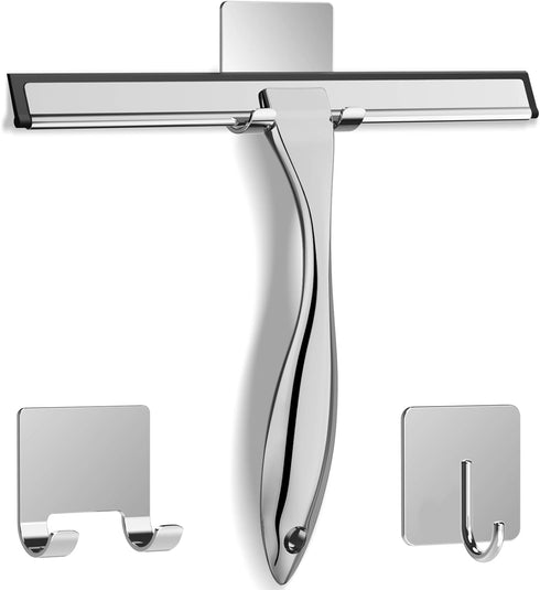 All-Purpose Stainless Steel Shower Squeegee for Shower Glass Door with 2 Adhesive Hooks, Bathroom Cleaner Tool Household Window Mirror Squeegee , ...