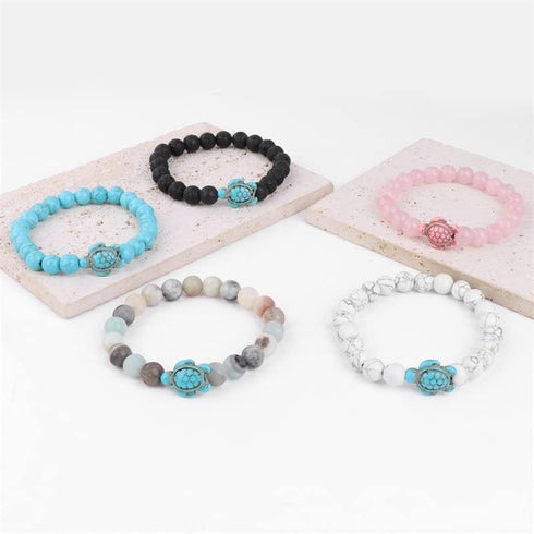 Pingyongchang 4pcs Sea Turtle Beads Bracelets Set,Elastic Natural Stone Stretch Lava Bracelet Anklet for Women Men,Supports the Sea Turtle Conserv...