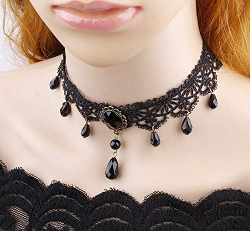 Victorian Lace Beads Flower Choker Necklace Bracelet Gothic Lolita Bohemican Style Jewelry for Women-1 Pc Black...