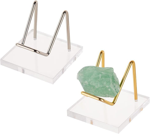 FINGERINSPIRE 2 Pcs Acrylic Stone Display Stand 2x2x1.7 inch Platinum & Golden Metal Arm Display Stand with Acrylic Base Mineral Specimens Display...