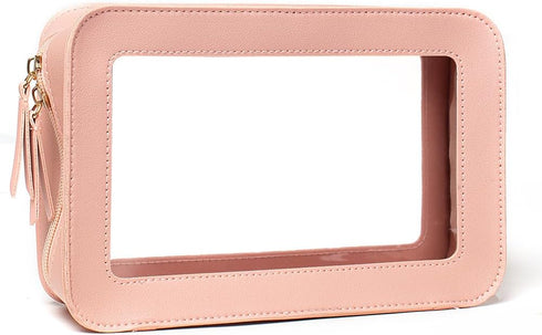 Clear Makeup Bag Organizer, TSA Approved Portable Travel Toiletry Bag Multipurpose Cosmetic Bag Case for Women Vegan Leather Make Up Pouch Transpa...