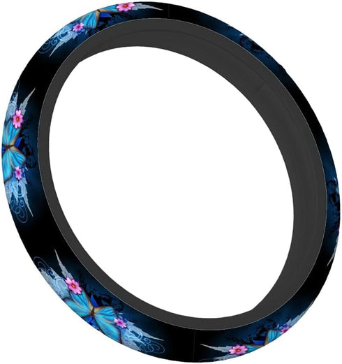 Swono Butterfly and Flower Universal 15" Steering Wheel Covers Abstract Blue Butterfly and Pink Flower Cute Car Steering Wheel Cover for Men Women...
