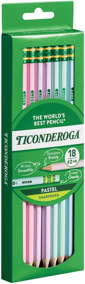 Ticonderoga Wood-Cased Pencils, Pre-Sharpened, 2 HB Soft, Pastel Colors, 18 Count...