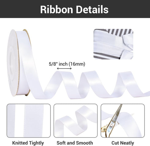 YAMA White Double Face Satin Ribbon 5/8 inch 25 Yards White Ribbon for Gift Package Wrapping Floral Design Hair Bow Clip Making Crafting Sewing We...