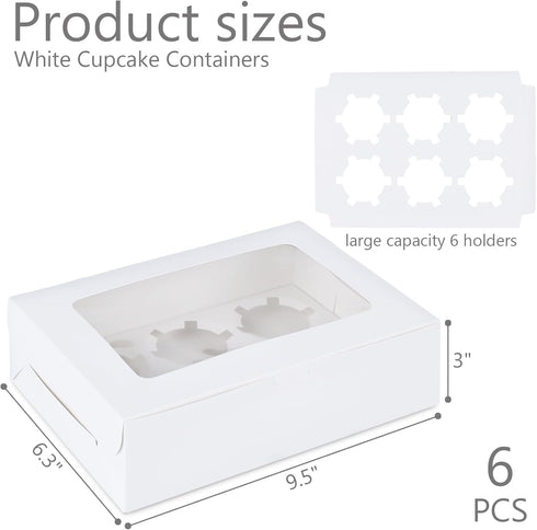 6PCS White Cupcake Containers, Cupcake Carrier 6 Count with Window Boxes Holding 36 Pastry Box for Birthday Holiday Party Bakery Supplies...