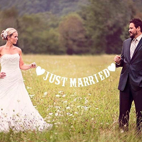Just Married Banner - Wedding Sign Reception Prop Photos/Bridal Shower Party/Car Decorations, White...