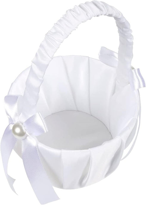 White Flower Girl Basket with Satin Bowknot & Pearl Design 8 x 5.2 x 6 Inch, Flower Petal Basket Ideal for Wedding Party, Elegant Ceremony Accesso...