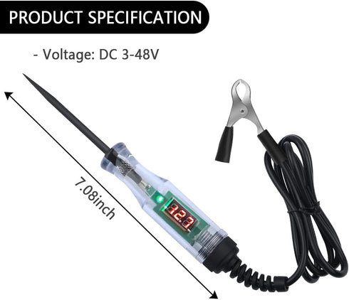 Car Voltage Tester Pen with Alligator Clip,DC 3-48V Test Light Pen Digital LED Circuit Tester with Prolong Spring Cable,Universal Car Fuse Tester ...
