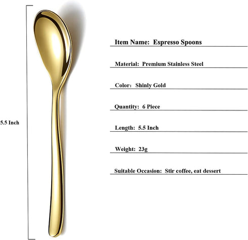 Gold Demitasse Espresso Spoons, 5.5'' Mini Coffee Spoons, Stainless Steel Small Spoons,Tea Spoons for Dessert, Set of 6, Dishwasher Safe...