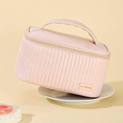 Makeup Bag, Travel Cosmetic Bag with Brush Organizer, Top Handle Makeup Case, Double-way Zipper Beauty Bag for Skincare Products and Cosmetics, Pi...