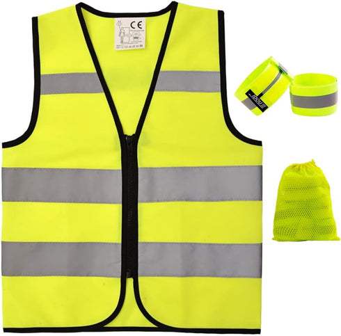 Hi Vis Kids Safety Vest + 2 Reflective Bands & Bag, Toddler Safety Vest,Reflective Vest Kids With Zipper,Toddler Construction Vest For Cycling & R...