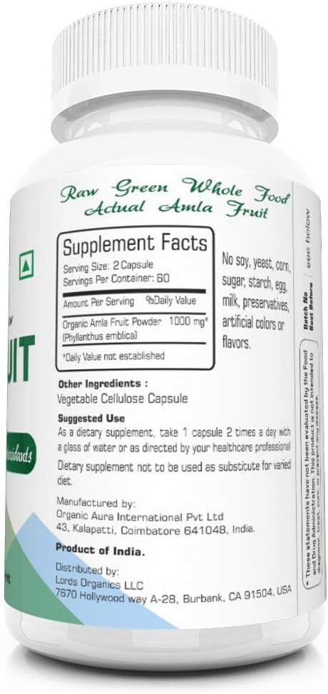 AMLA Capsules. 1000mg per Serving, 120 Veg Capsules. Natural Vitamin C and Antioxidants. Raw Whole Superfood. All Natural, Fresh and Original. No ...