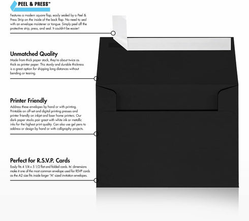 LUXPaper A2 Invitation Envelopes | Peel & Press | 4 3/8" x 5 3/4" | Midnight Black | 80lb. Text | 50 Qty...