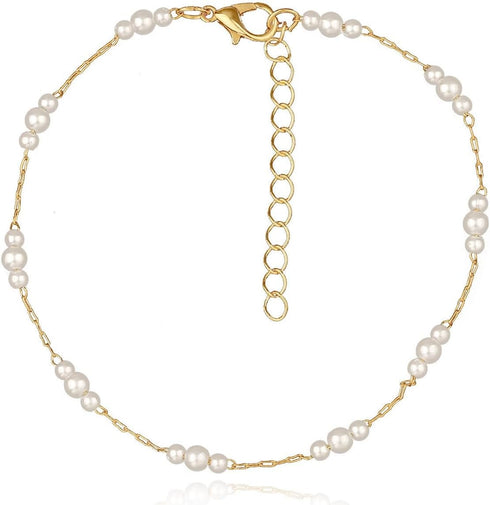 Pearl Beaded Anklets for Women Dainty Simple Gold Chian Boho Ankle Bracelet Beach Summer Foot Jewelry for Womens...