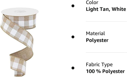 Plaid Check Wired Edge Ribbon - 10 Yards (Light Tan, White, 1.5")...