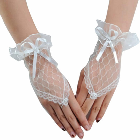 Olbye Womens' Wedding Gloves Fingerless Rhinestone Lace Gloves for Brides and Bridesmaids Lace Bow Gloves White...