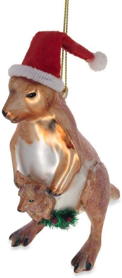 Santa Kangaroo Mom Carrying Baby in Pouch Blown Glass Christmas Ornament...