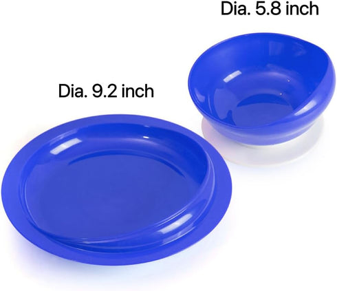 Spill Proof Scoop Bowl and Plate with Non-Skid Suction Base, Adaptive Self-Feeding Dinnerware for Elderly/Disabled (Blue Combo Set)...