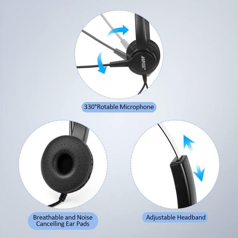 AGPTEK Hands-Free Call Center Noise Cancelling Corded Binaural Headset Headphone with 4-Pin RJ9 Crystal Head and Mic Microphone for Desk Phone - T...