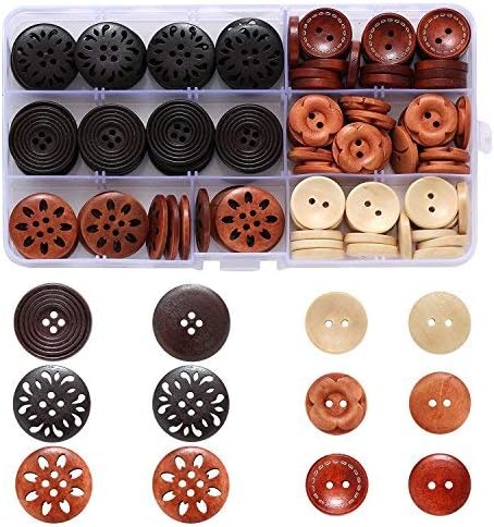 Assorted Round Wood Wooden Buttons Black Brown Beige 4 Hole Mixed Sewing Art DIY Craft Supplies Kits with Box 118pcs...