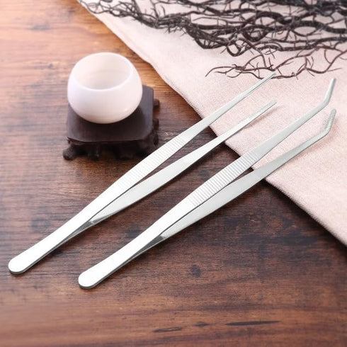 2Pcs Silver Craft Tweezers,Reverse Stainless Steel Cross Locking Tweezers Reverse Action Tweezers Straight and Bend Curved Pointed Rubber Cross Lo...