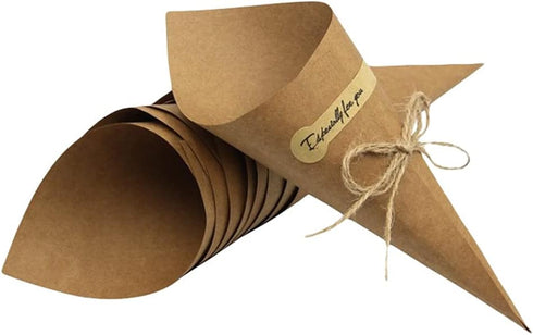 50Pcs Kraft Paper Cones Bouquet Wrapping Paper Cones Wedding Confetti Candy Gift Flower Paper Cones Holder with Hemp Ropes for DIY Wedding Table D...